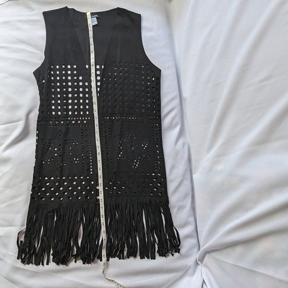 Boho long fringe vest with laser cuts black one size EUC Renato Balestra - Picture 5 of 9